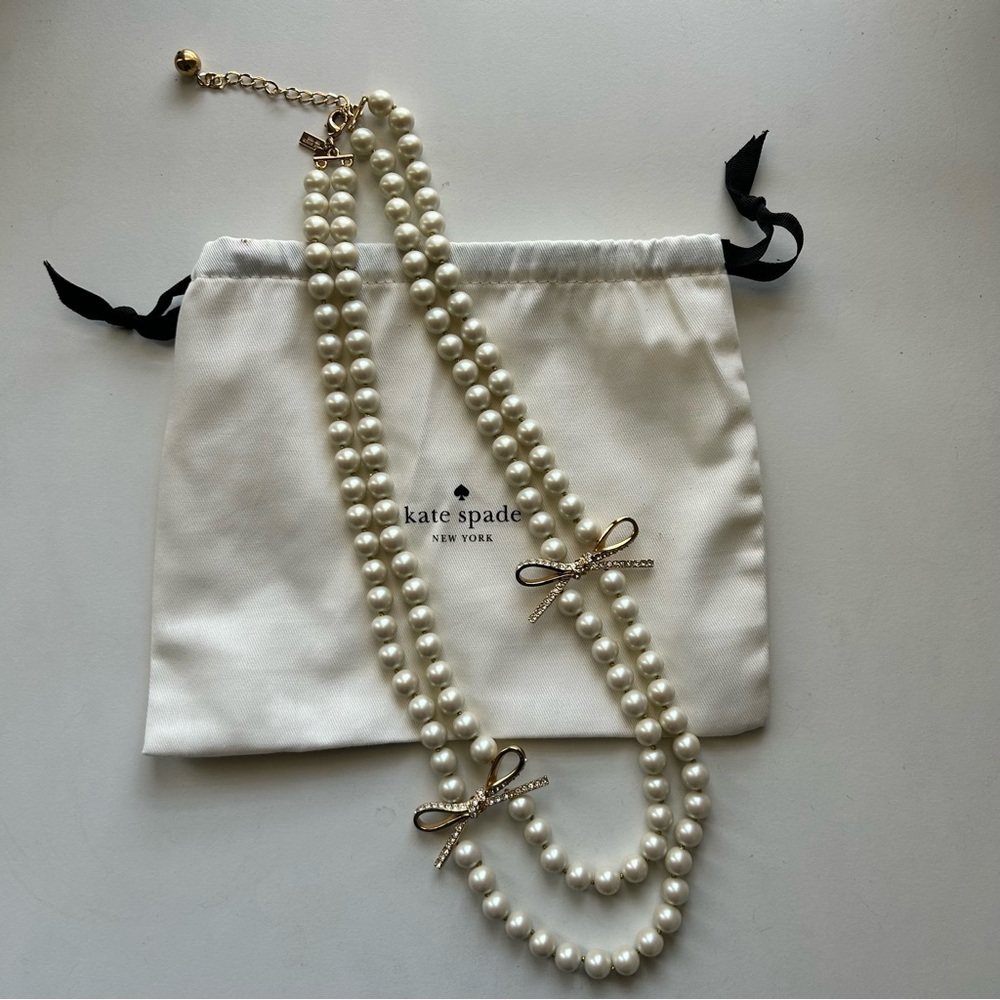 Kate Spade Double Strand Pearl Necklace with Gold Diamond Bows - Picture 8 of 8